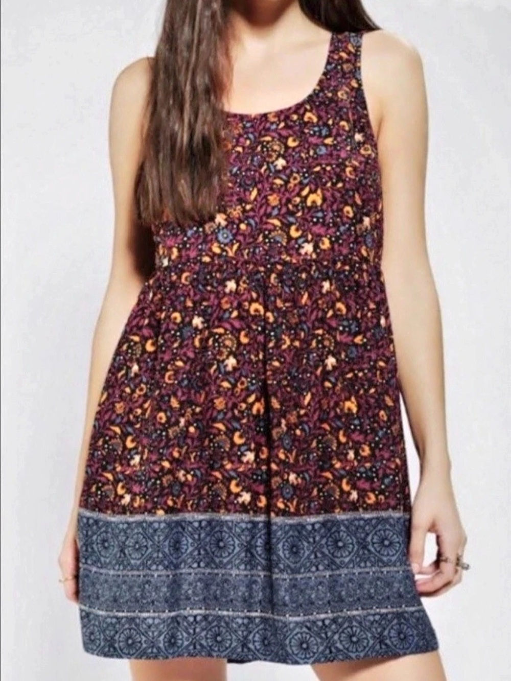 Ecote Floral Boho Mini Dress in Purple & Blue Sz. L